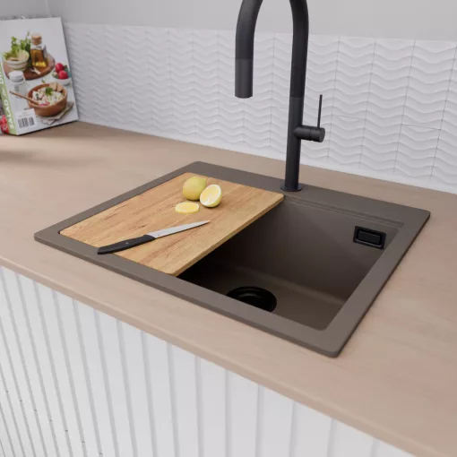 HD Infinity Tortora 58 egymedencés gránit mosogatótálca szett, vágódeszkával, matt fekete csepegtetőráccsal, tortora színben, matt fekete leeresztő szifonnal