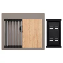 HD Infinity Tortora 58 egymedencés gránit mosogatótálca szett, vágódeszkával, acél csepegtetőráccsal és matt fekete kosárral, tortora színben, matt fekete leeresztő szifonnal