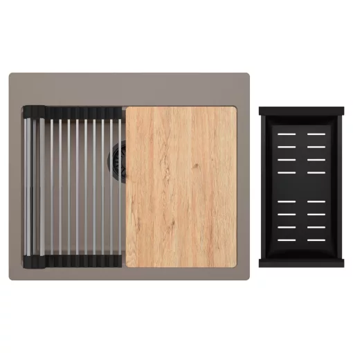 HD Infinity Tortora 58 egymedencés gránit mosogatótálca szett, vágódeszkával, acél csepegtetőráccsal és matt fekete kosárral, tortora színben, matt fekete leeresztő szifonnal