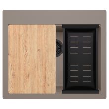 HD Infinity Tortora 58 egymedencés gránit mosogatótálca szett, vágódeszkával, matt fekete csepegtetőkosárral, tortora színben, matt fekete leeresztő szifonnal