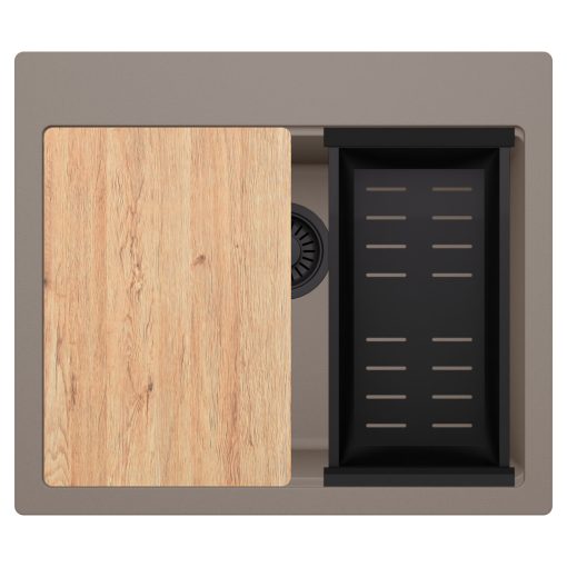 HD Infinity Tortora 58 egymedencés gránit mosogatótálca szett, vágódeszkával, matt fekete csepegtetőkosárral, tortora színben, matt fekete leeresztő szifonnal