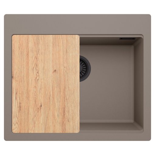 HD Infinity Tortora 58 egymedencés gránit mosogatótálca, vágódeszkával, tortora színben, matt fekete leeresztő szifonnal