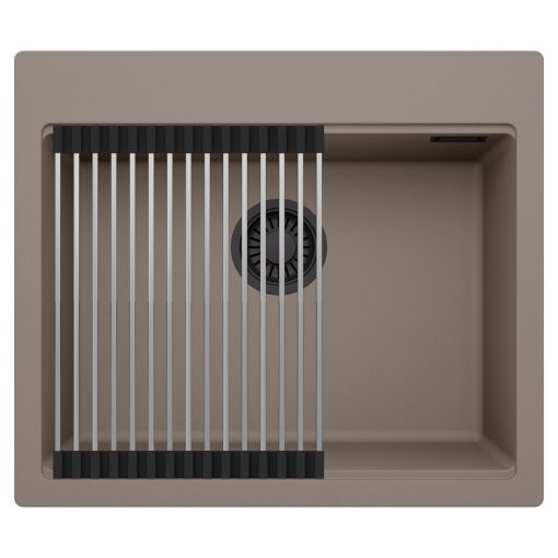 HD Infinity Tortora 58 egymedencés gránit mosogatótálca szett, acél csepegtetőráccsal, tortora színben, matt fekete leeresztő szifonnal