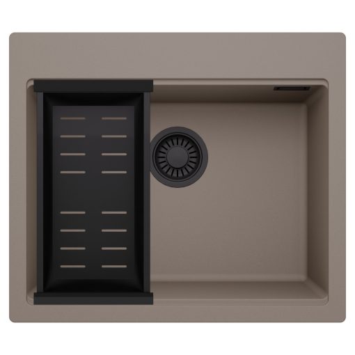 HD Infinity Tortora 58 egymedencés gránit mosogatótálca szett, matt fekete csepegtetőkosárral, tortora színben, matt fekete leeresztő szifonnal