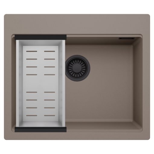HD Infinity Tortora 58 egymedencés gránit mosogatótálca szett, acél csepegtetőkosárral, tortora színben, matt fekete leeresztő szifonnal