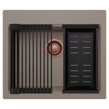 HD Infinity Tortora 58 egymedencés gránit mosogatótálca szett, matt fekete csepegtetőráccsal és kosárral, tortora színben, szálcsiszolt réz leeresztő szifonnal