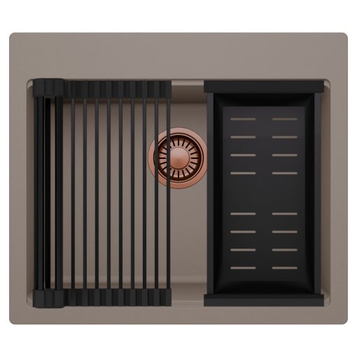 HD Infinity Tortora 58 egymedencés gránit mosogatótálca szett, matt fekete csepegtetőráccsal és kosárral, tortora színben, szálcsiszolt réz leeresztő szifonnal