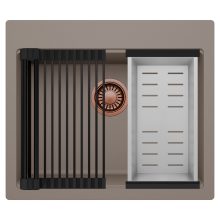 HD Infinity Tortora 58 egymedencés gránit mosogatótálca szett, matt fekete csepegtetőráccsal és krómozott kosárral, tortora színben, szálcsiszolt réz leeresztő szifonnal