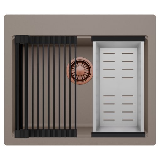 HD Infinity Tortora 58 egymedencés gránit mosogatótálca szett, matt fekete csepegtetőráccsal és krómozott kosárral, tortora színben, szálcsiszolt réz leeresztő szifonnal