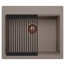 HD Infinity Tortora 58 egymedencés gránit mosogatótálca szett, matt fekete csepegtetőráccsal, tortora színben, szálcsiszolt réz leeresztő szifonnal