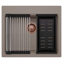 HD Infinity Tortora 58 egymedencés gránit mosogatótálca szett, acél csepegtetőráccsal és matt fekete kosárral, tortora színben, szálcsiszolt réz leeresztő szifonnal