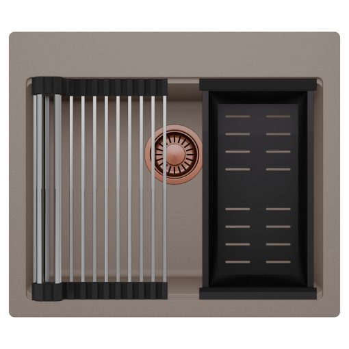 HD Infinity Tortora 58 egymedencés gránit mosogatótálca szett, acél csepegtetőráccsal és matt fekete kosárral, tortora színben, szálcsiszolt réz leeresztő szifonnal
