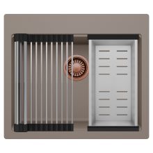 HD Infinity Tortora 58 egymedencés gránit mosogatótálca szett, acél csepegtetőráccsal és kosárral, tortora színben, szálcsiszolt réz leeresztő szifonnal