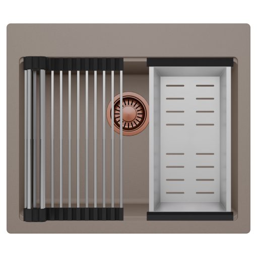 HD Infinity Tortora 58 egymedencés gránit mosogatótálca szett, acél csepegtetőráccsal és kosárral, tortora színben, szálcsiszolt réz leeresztő szifonnal