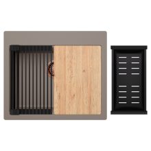 HD Infinity Tortora 58 egymedencés gránit mosogatótálca szett, vágódeszkával, matt fekete csepegtetőráccsal és kosárral, tortora színben, szálcsiszolt réz leeresztő szifonnal