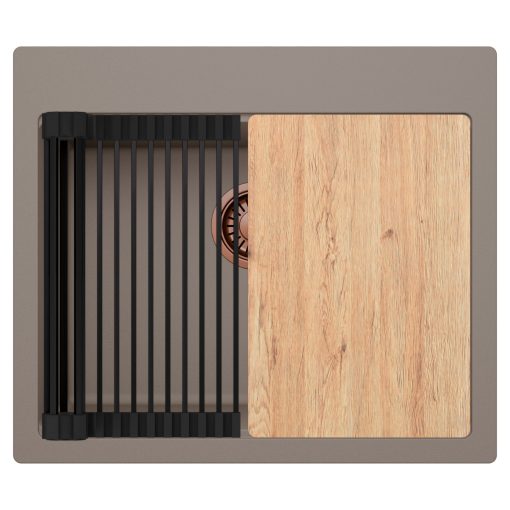 HD Infinity Tortora 58 egymedencés gránit mosogatótálca szett, vágódeszkával, matt fekete csepegtetőráccsal, tortora színben, szálcsiszolt réz leeresztő szifonnal