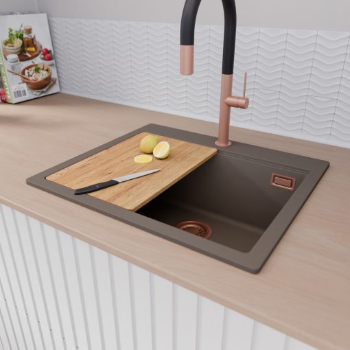 HD Infinity Tortora 58 egymedencés gránit mosogatótálca szett, vágódeszkával, acél csepegtetőráccsal és matt fekete kosárral, tortora színben, szálcsiszolt réz leeresztő szifonnal