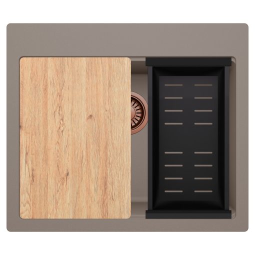 HD Infinity Tortora 58 egymedencés gránit mosogatótálca szett, vágódeszkával, matt fekete csepegtetőkosárral, tortora színben, szálcsiszolt réz leeresztő szifonnal