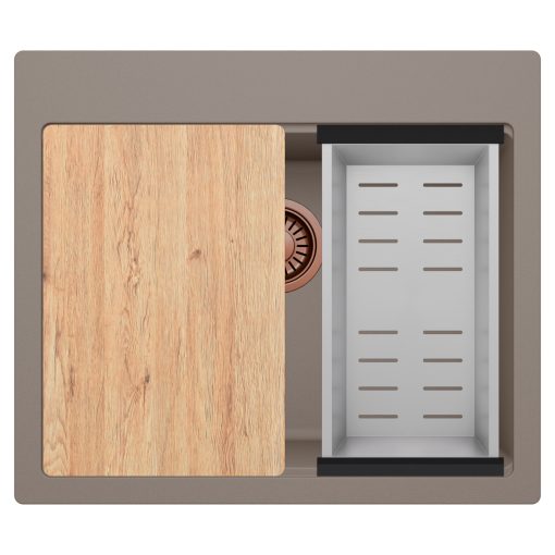 HD Infinity Tortora 58 egymedencés gránit mosogatótálca szett, vágódeszkával, acél csepegtetőkosárral, tortora színben, szálcsiszolt réz leeresztő szifonnal