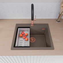 HD Infinity Tortora 58 egymedencés gránit mosogatótálca szett, vágódeszkával, acél csepegtetőkosárral, tortora színben, szálcsiszolt réz leeresztő szifonnal