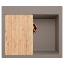 HD Infinity Tortora 58 egymedencés gránit mosogatótálca, vágódeszkával, tortora színben, szálcsiszolt réz leeresztő szifonnal