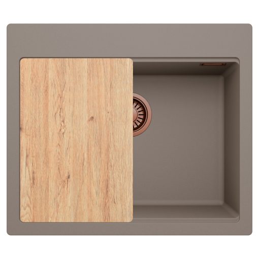 HD Infinity Tortora 58 egymedencés gránit mosogatótálca, vágódeszkával, tortora színben, szálcsiszolt réz leeresztő szifonnal