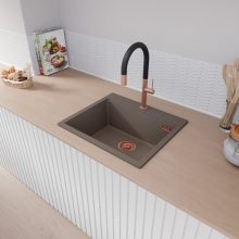 HD Infinity Tortora 58 egymedencés gránit mosogatótálca, vágódeszkával, tortora színben, szálcsiszolt réz leeresztő szifonnal