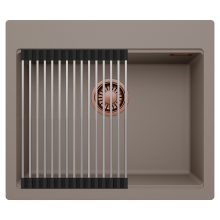 HD Infinity Tortora 58 egymedencés gránit mosogatótálca szett, acél csepegtetőráccsal, tortora színben, szálcsiszolt réz leeresztő szifonnal