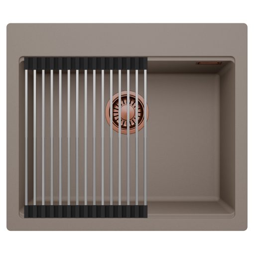 HD Infinity Tortora 58 egymedencés gránit mosogatótálca szett, acél csepegtetőráccsal, tortora színben, szálcsiszolt réz leeresztő szifonnal