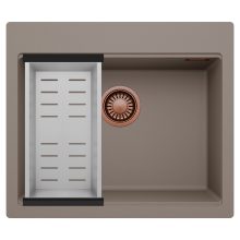 HD Infinity Tortora 58 egymedencés gránit mosogatótálca szett, acél csepegtetőkosárral, tortora színben, szálcsiszolt réz leeresztő szifonnal