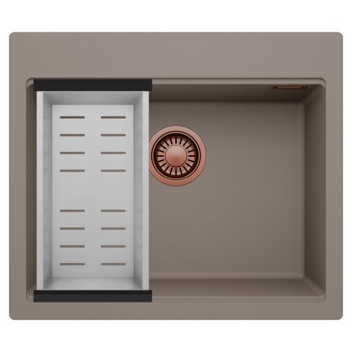 HD Infinity Tortora 58 egymedencés gránit mosogatótálca szett, acél csepegtetőkosárral, tortora színben, szálcsiszolt réz leeresztő szifonnal