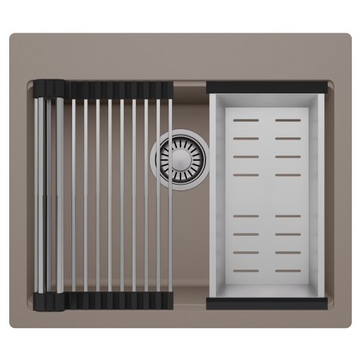 HD Infinity Tortora 58 egymedencés gránit mosogatótálca szett, acél csepegtetőráccsal és kosárral, tortora színben