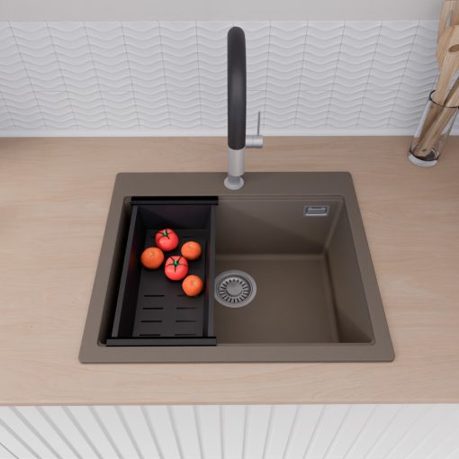 HD Infinity Tortora 58 egymedencés gránit mosogatótálca szett, vágódeszkával, matt fekete csepegtetőráccsal és kosárral, tortora színben