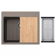 HD Infinity Tortora 58 egymedencés gránit mosogatótálca szett, vágódeszkával, matt fekete csepegtetőráccsal és krómozott kosárral, tortora színben