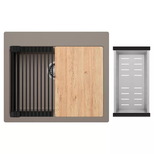 HD Infinity Tortora 58 egymedencés gránit mosogatótálca szett, vágódeszkával, matt fekete csepegtetőráccsal és krómozott kosárral, tortora színben