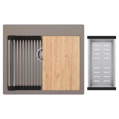   HD Infinity Tortora 58 egymedencés gránit mosogatótálca szett, vágódeszkával, acél csepegtetőráccsal és kosárral, tortora színben