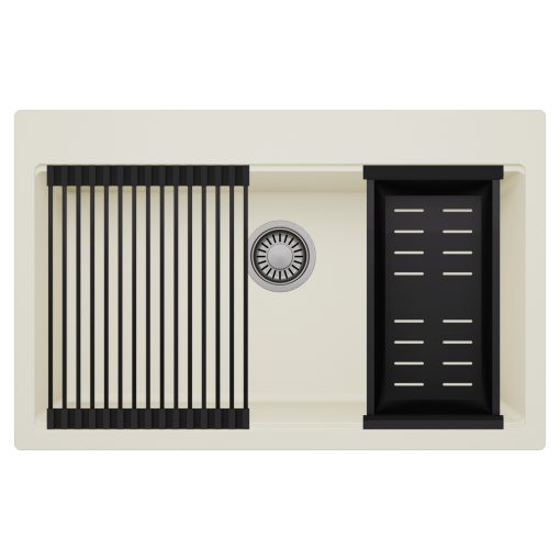 HD Infinity White 78 egymedencés gránit mosogatótálca szett, matt fekete csepegtetőráccsal és kosárral, tört fehér színben, szálcsiszolt króm leeresztő szifonnal