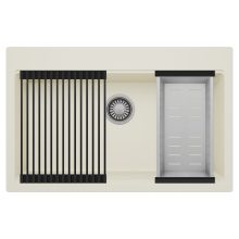 HD Infinity White 78 egymedencés gránit mosogatótálca szett, matt fekete csepegtetőráccsal és krómozott kosárral, tört fehér színben, szálcsiszolt króm leeresztő szifonnal