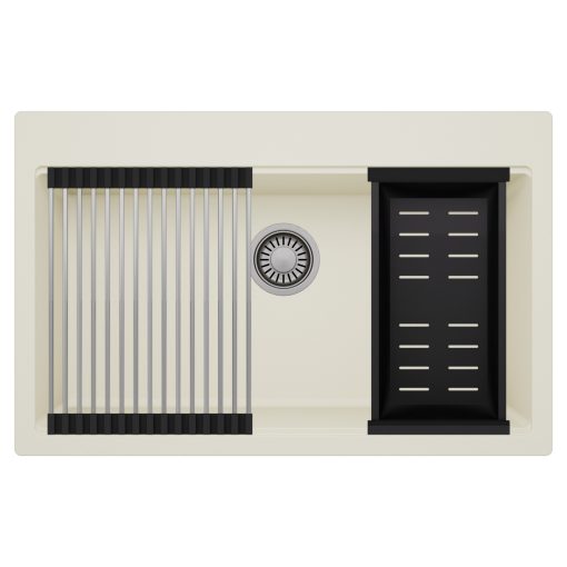 HD Infinity White 78 egymedencés gránit mosogatótálca szett, acél csepegtetőráccsal és matt fekete kosárral, tört fehér színben, szálcsiszolt króm leeresztő szifonnal