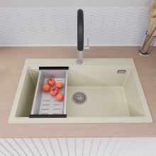 HD Infinity White 78 egymedencés gránit mosogatótálca szett, vágódeszkával, matt fekete csepegtetőráccsal és krómozott kosárral, tört fehér színben, szálcsiszolt króm leeresztő szifonnal