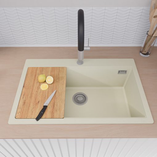 HD Infinity White 78 egymedencés gránit mosogatótálca szett, vágódeszkával, acél csepegtetőráccsal és matt fekete kosárral, tört fehér színben, szálcsiszolt króm leeresztő szifonnal