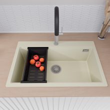 HD Infinity White 78 egymedencés gránit mosogatótálca szett, vágódeszkával, acél csepegtetőráccsal és matt fekete kosárral, tört fehér színben, szálcsiszolt króm leeresztő szifonnal