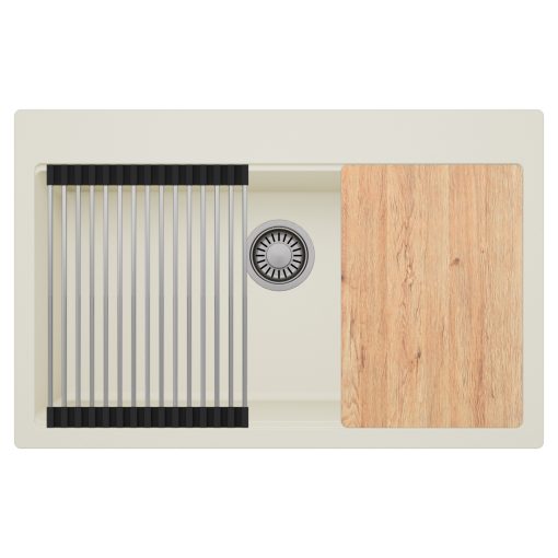 HD Infinity White 78 egymedencés gránit mosogatótálca szett, acél csepegtetőráccsal, tört fehér színben, szálcsiszolt króm leeresztő szifonnal