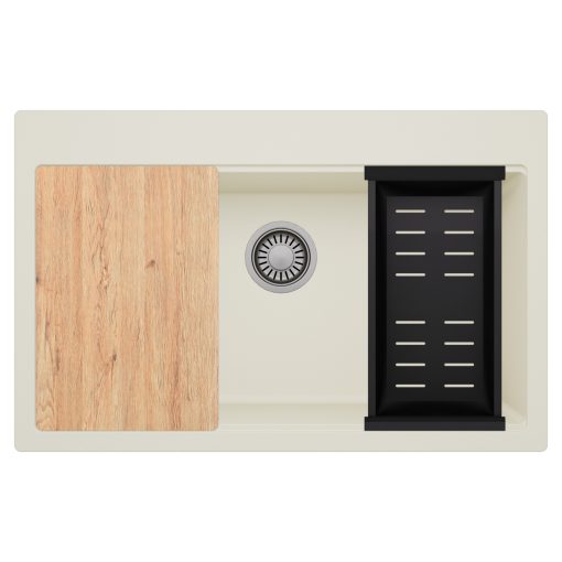 HD Infinity White 78 egymedencés gránit mosogatótálca szett, vágódeszkával, matt fekete csepegtetőkosárral, tört fehér színben, szálcsiszolt króm leeresztő szifonnal