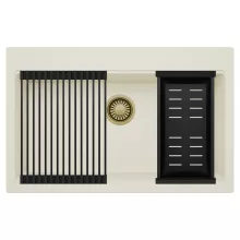 HD Infinity White 78 egymedencés gránit mosogatótálca szett, matt fekete csepegtetőráccsal és kosárral, tört fehér színben, szálcsiszolt arany leeresztő szifonnal