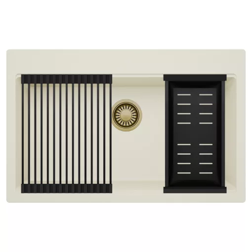 HD Infinity White 78 egymedencés gránit mosogatótálca szett, matt fekete csepegtetőráccsal és kosárral, tört fehér színben, szálcsiszolt arany leeresztő szifonnal