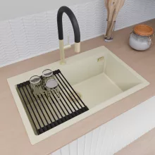 HD Infinity White 78 egymedencés gránit mosogatótálca szett, matt fekete csepegtetőráccsal és kosárral, tört fehér színben, szálcsiszolt arany leeresztő szifonnal