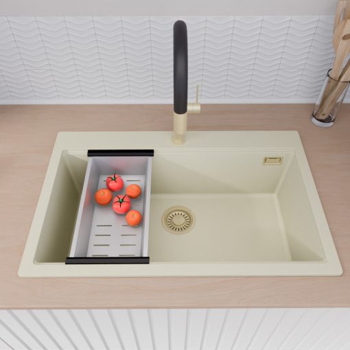 HD Infinity White 78 egymedencés gránit mosogatótálca szett, matt fekete csepegtetőráccsal és krómozott kosárral, tört fehér színben, szálcsiszolt arany leeresztő szifonnal