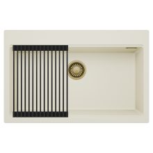 HD Infinity White 78 egymedencés gránit mosogatótálca szett, matt fekete csepegtetőráccsal, tört fehér színben, szálcsiszolt arany leeresztő szifonnal