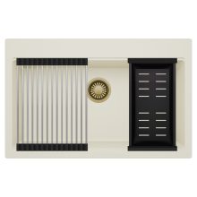 HD Infinity White 78 egymedencés gránit mosogatótálca szett, acél csepegtetőráccsal és matt fekete kosárral, tört fehér színben, szálcsiszolt arany leeresztő szifonnal